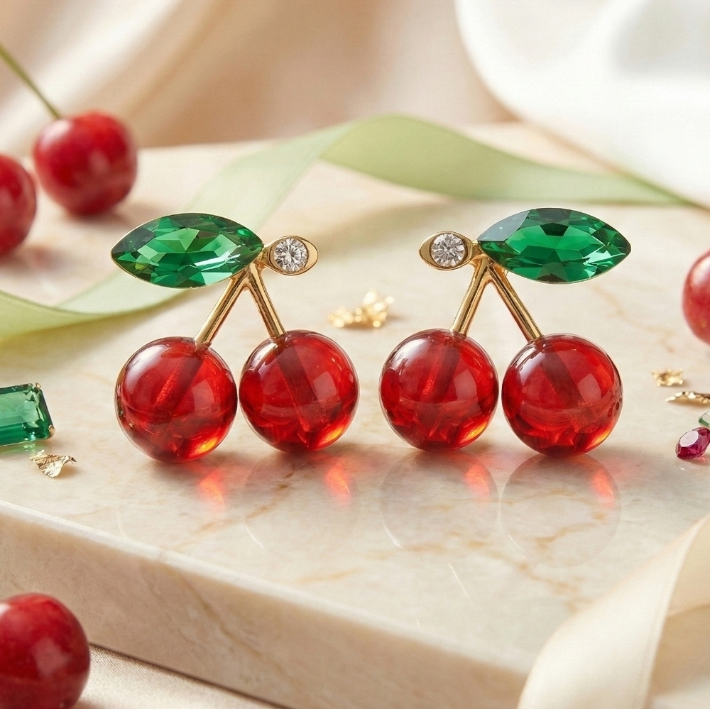 925 Silver Post Red Cherry Crystal Stud Earrings Coquette Coconut Girl Gold Tone